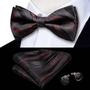 Bow Tie Set: RED BLACK PAISLEY SELF-BOWTIE POCKET SQUARE CUFFLINKS SET-LH-0565