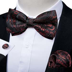 Black Red Paisley Pre-tied Bow Tie Hanky Cufflinks Set-LH -0169