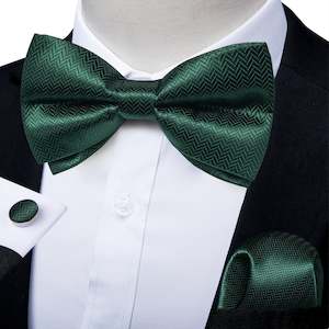 Dark Green Solid Pre-tied Bow Tie Hanky Cufflinks Set- LH-0160