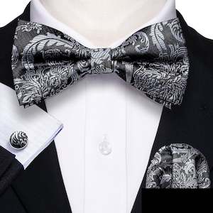 Bow Tie Set: Black Silver Floral Silk Bowtie Pocket Square Cufflinks Set LH-0937