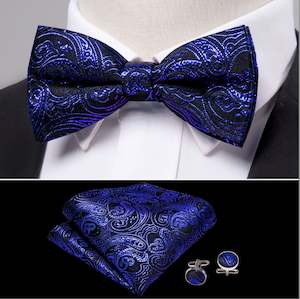 Bow Tie Set: Shining Royal Blue Black Paisley  Pre-Tied Bowtie Pocket Square Cufflinks Set- LH-0908