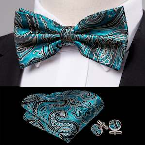 Bow Tie Set: Blue Grey Paisley Bowtie Pocket Square Cufflinks Set- LH-0916