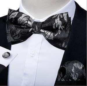 Black White Flower Silk Bowtie Pocket Square Cufflinks Set- LH-0156