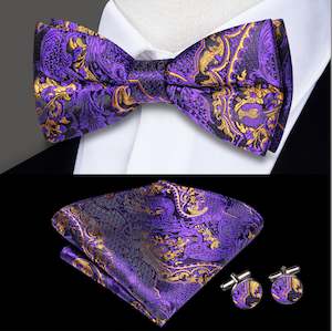 Bow Tie Set: Purple Gold Silk Bowtie Pocket Square Cufflinks Set- LH-0584