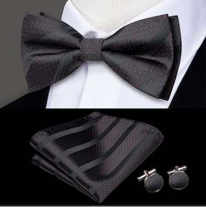 Black Red Dot Silk Bowtie Pocket Square Cufflinks Set-LH-2527