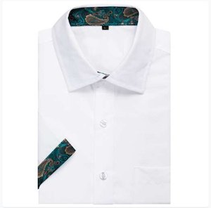 Clearance Sale Collection: Simon Von White Green Paisley Panel Men's Slim Short Sleeve Shirt- CY-2400