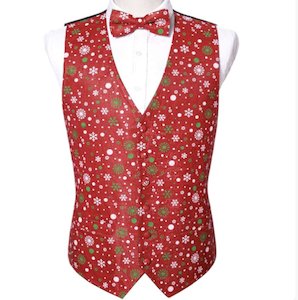 Clearance Sale Collection: RED CHRISTMAS SILK WAISTCOAT VEST BOWTIE VEST SUIT SET-2054