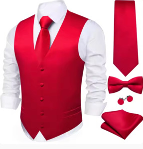 Mens Vests Waistcoats: 5pcs Mens Waistcoat Set Red Solid Vest Necktie Bowtie Set- BW-MJTZ-0043