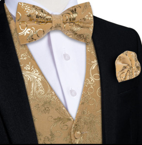 Velvet Champagne Paisley V-Neck Men's Waistcoat Vest Bowtie Set- MJ-0850
