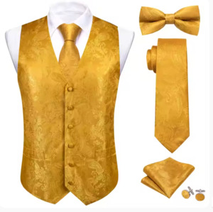 Golden paisley Jacquard V Neck Vest Necktie and  Bow Tie Handkerchief Cufflinks &hellip;