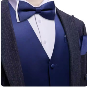 Mens Vests Waistcoats: Deep Blue Solid Silk Mens Vest and Bow Tie Set-BW-MJ-0040
