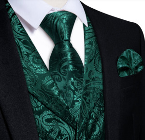 Mens Vests Waistcoats: Dark Green Paisley Notched Collar Silk Mens Vest Tie Set- MJ-0719