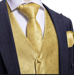 Mens Vests Waistcoats: Golden Paisley Jacquard Vest Neck Bow Tie Handkerchief Cufflinks Set- MJ-2772