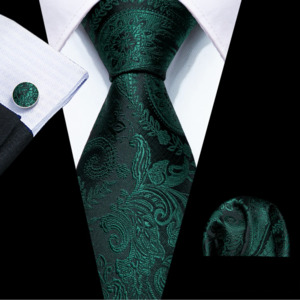 Dark Green  Paisley Silk Mens Tie Pocket Square Cufflinks Set- N-8358