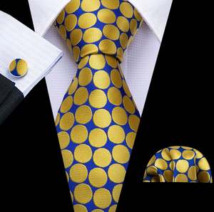 New Yellow Blue Polka Dot Silk Tie Hanky Cufflinks Set-N-5333