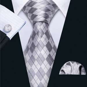 Best Selling Collection: Silver Grey Plaid Necktie Pocket Square Cufflinks Set- N-5219