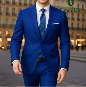 Suits: Men's 2pcs Royal Blue Slim Fit Suit Set Double Slit Black -FM2598384