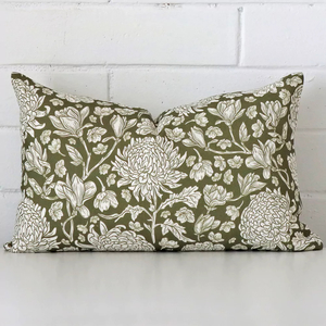 Products: Ava Linen Olive Green Floral Cushion Cover - Rectangle