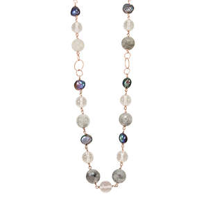 Silver Pearl, Cloudy Quartz, Crystal & Rose Gold Necklace - 56cm