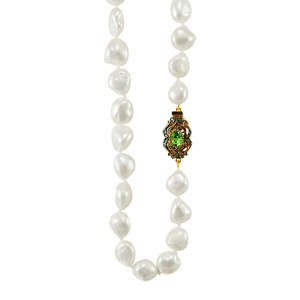 Simply Italian Pearl Necklace: Baroque White Pearl Necklace with Green Crystal Clasp