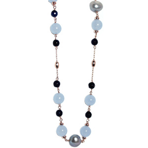 Blue Jade, Dark Blue Agate & Silver Pearl Necklace - $358 RRP