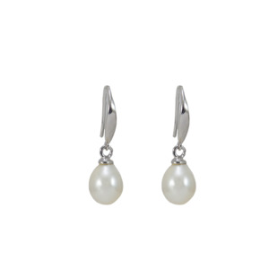 White Pearl & Silver Drop Earrings