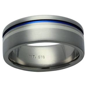Products: Brushed Finish Blue Grooved and Silver Inlaid Titanium Ring