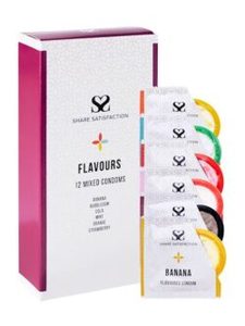 Products: Share Satisfaction Strawberry Flavoured Condom – 12 Pack