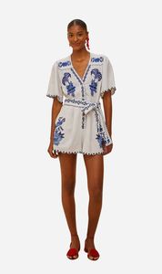 Womens Jumpsuits: Farm Rio | Delicate Forest Blue Richelieu Embroidered Romper - Off White