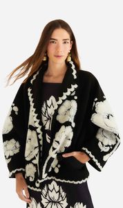 Womens Outerwear: Farm Rio | Fleece Coat - Floral Arabesque Cream