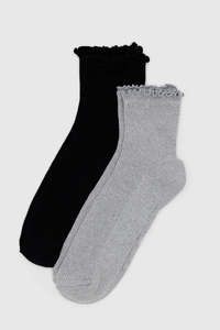 Baggu Lettuce Edge Sock Set Of 2 - Heather Grey / Black