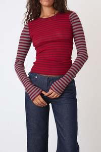 Womens Tops Shirts: Peachy Den Elise Stripe LS Top - Burgundy