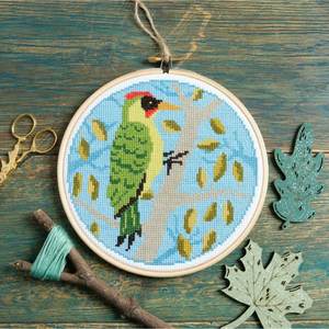 Cross Stitch Kits And Patterns: Green Woodpecker Cross Stitch Kit by Hawthorn Handmade