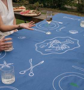 Sea Blue 100% Linen Embroidered Tablecloth