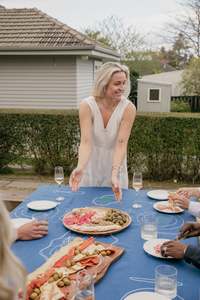 HIRE - Sea Blue 100% Linen Embroidered Tablecloth