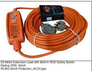 Generator Electrical Accessories: No Longer Available: 20 Metre Extension Lead W/ Built-In Rcd Safety Switch (10 Amp) - (Nla)