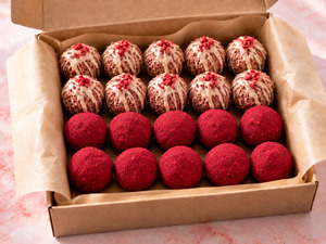 Gifts: Strawberries & Cream and Raspberry Choc Bomb Amazeballs. GF, DF, vegan, raw. Box of 20 x 40g balls (10 of each)
