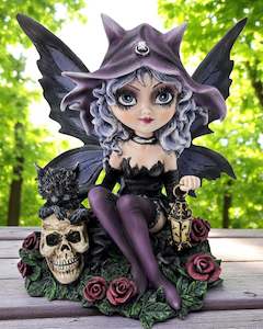 Goth Fairy Holding Lantern with Black Cat, Skulls & Roses