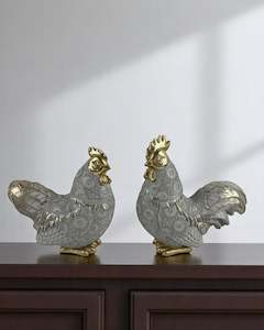 Animals: 20cm Hen & Rooster in Gold and White