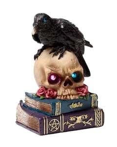 Crow Perched on LED Skull & Books