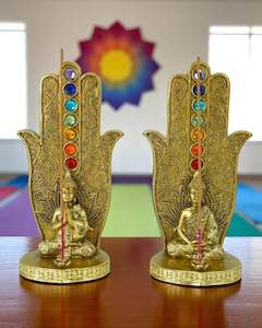 Incense Burners: Gold Hamsa Hand with Chakra & Buddha