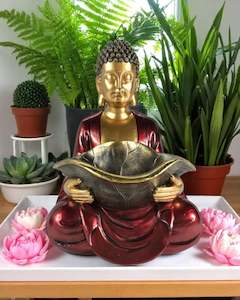 29cm Gold & Red Sitting Buddha with Bowl