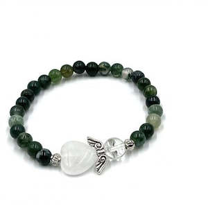 Crystal Jewellery: Moss Agate Crystal Heart Guardian Angel Bracelet