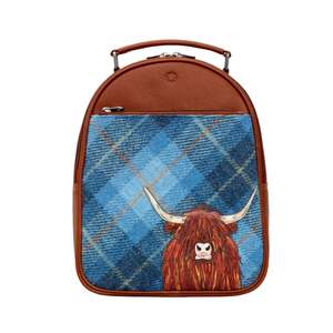 Highland Cow Tweed & Leather Backpack - Blue