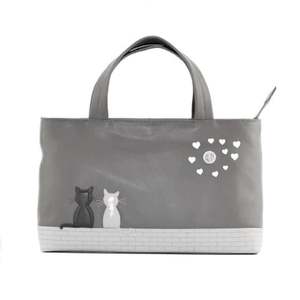 Tote: Midnight Cats Leather Grab Bag - Grey