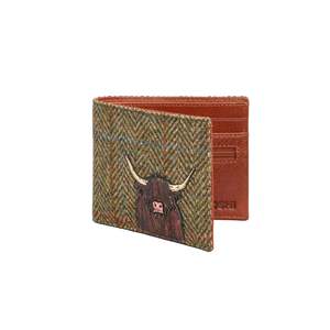 New: Highland Cow Harris Tweed Men's Leather Wallet - Brown