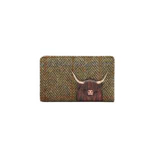 Highland Cow Oxford Leather Purse - Brown Harris Tweed