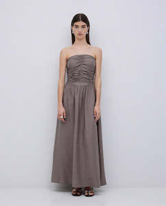 KHAKI LONG DRAPED STRAPLESS DRESS