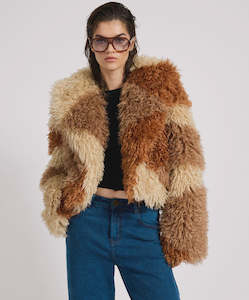 Mongolian Cropped Faux Fur Jacket Tan