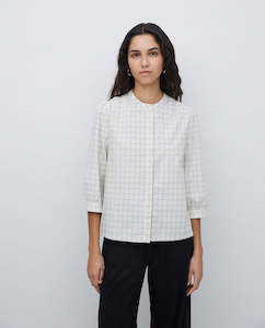Blouses Shirts: Ecru Three Quarter Plaid Shirt